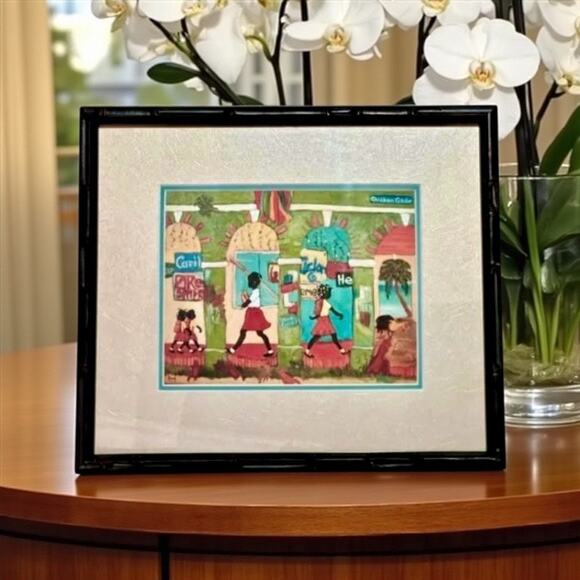 Chicken Gade Folk Art Print-Signed King-Framed 15x13-Caribbean Scene-Haitian - Picture 1 of 8